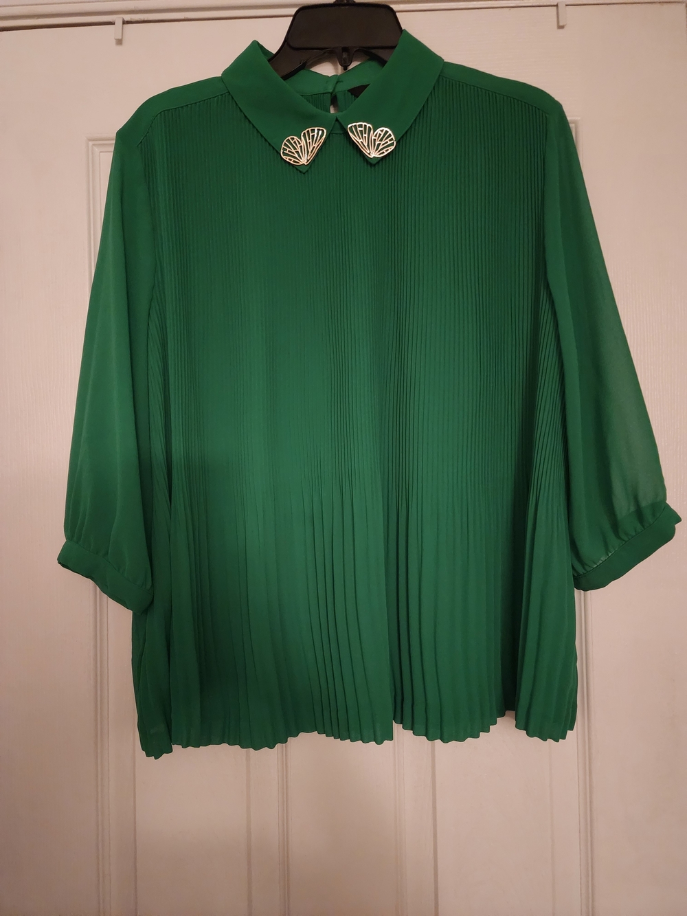 Green Pleated Collar Blouse with Gold Accent